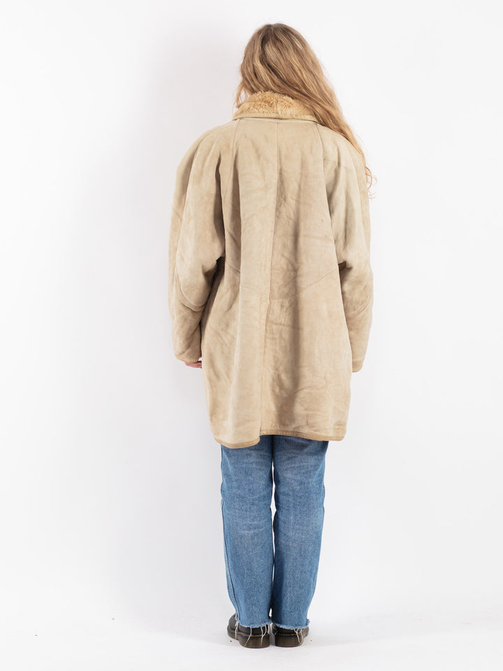 Vintage 80's Women Sheepskin Shearling Coat in Beige