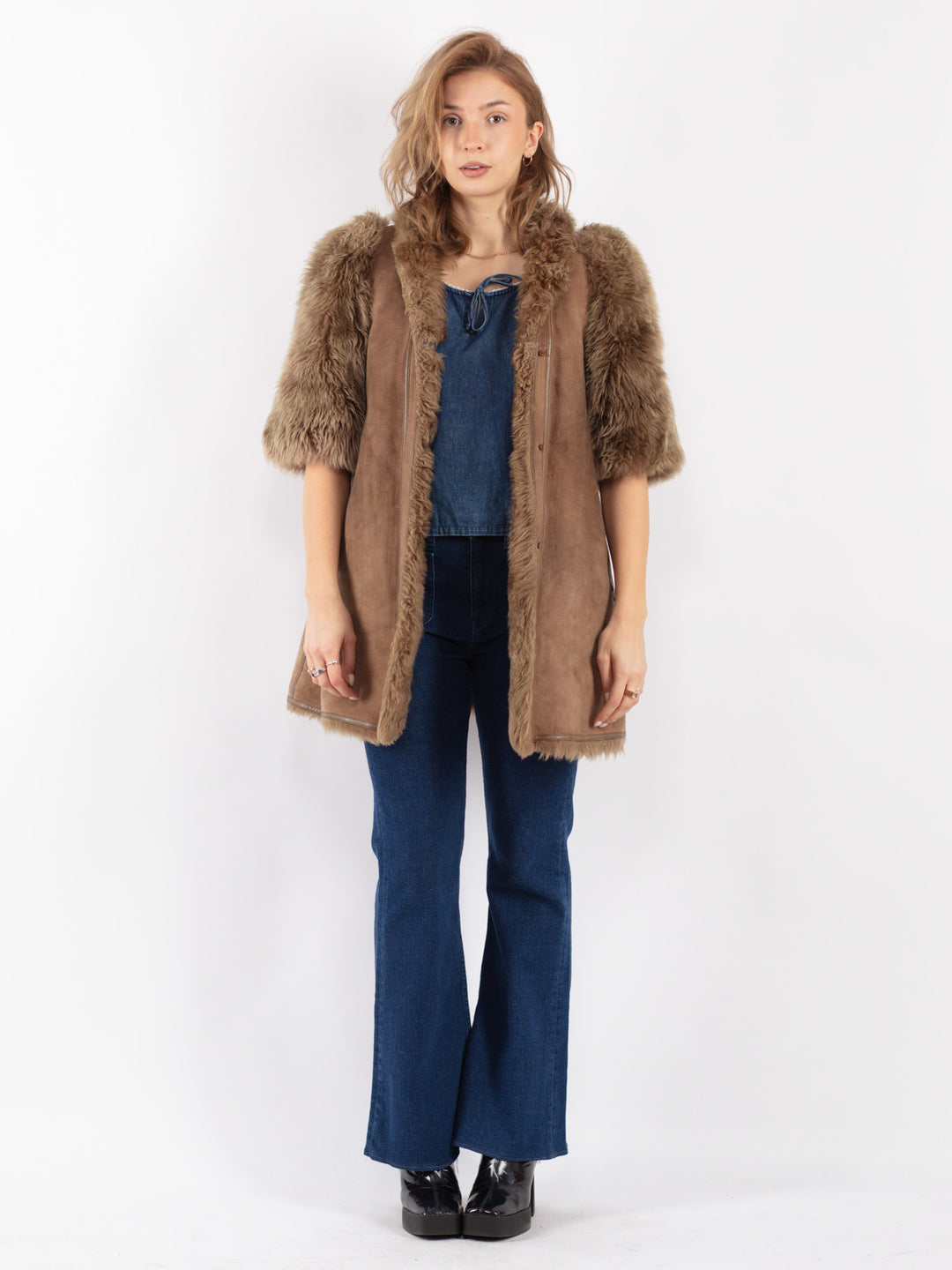 Vintage 80's Women Shearling Coat in Beige