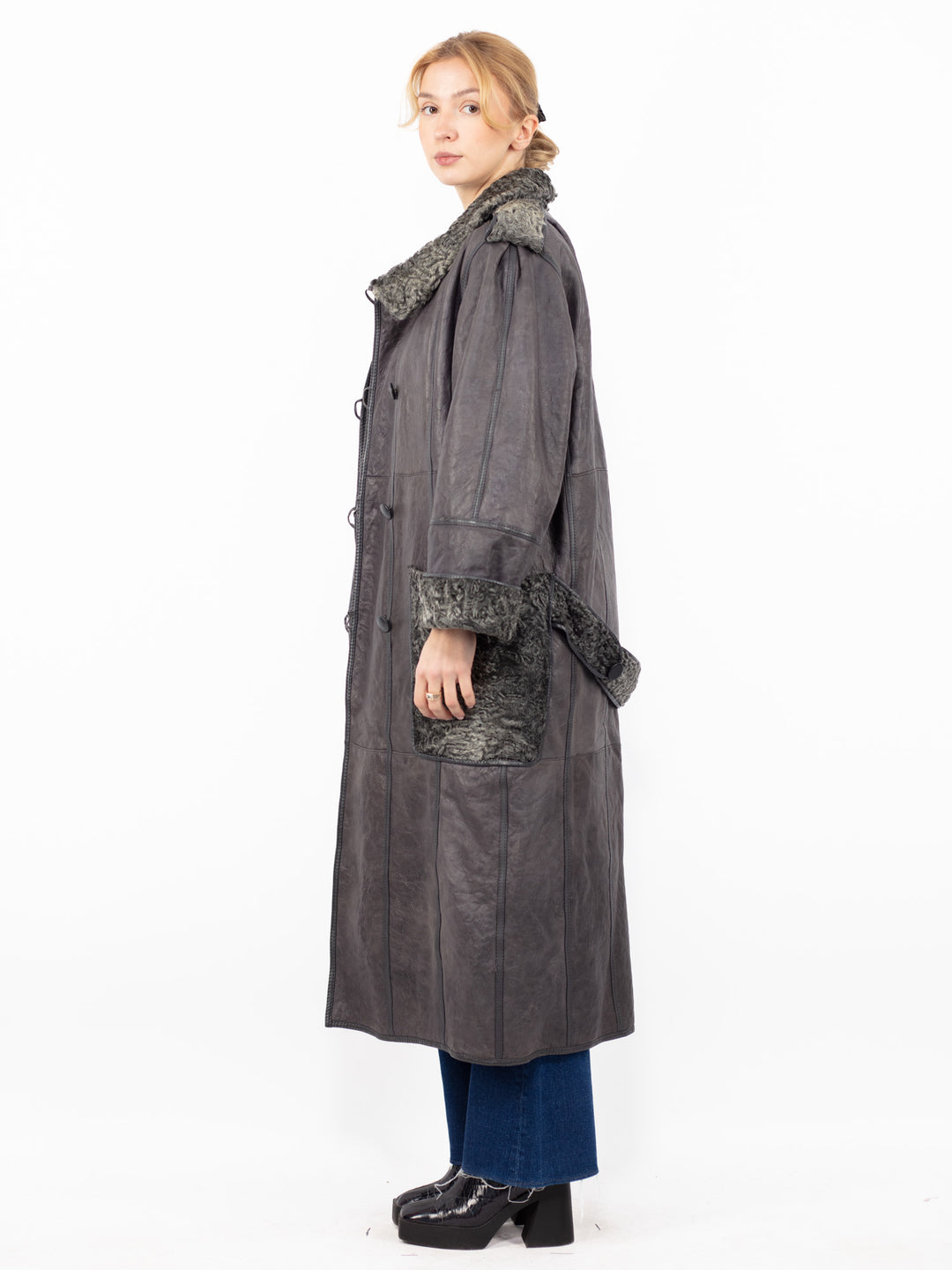 Vintage 80's Women Reversible Sheepskin Long Coat in Gray