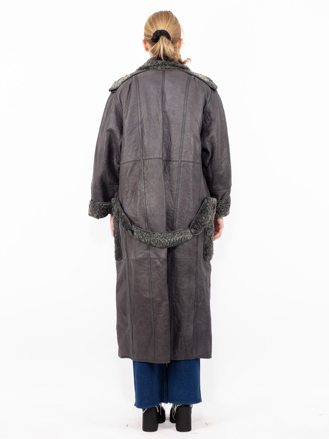 Vintage 80's Women Reversible Sheepskin Long Coat in Gray