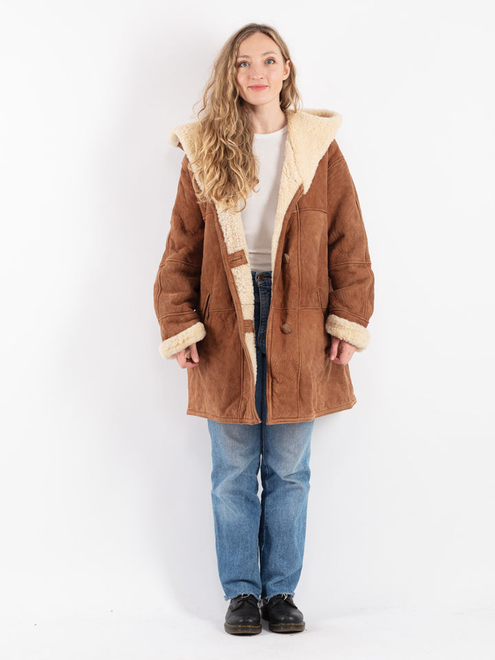 Vintage 80's Women Sheepskin Shearling Coat in Brown