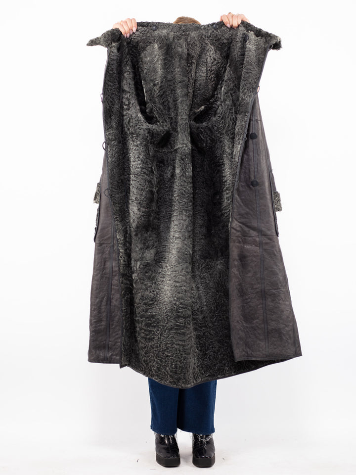 Vintage 80's Women Reversible Sheepskin Long Coat in Gray