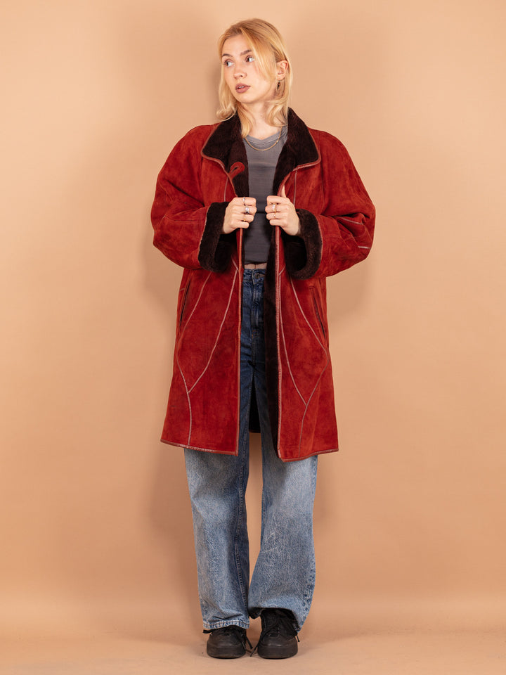 Vintage 80's Women Sheepskin Coat in Red
