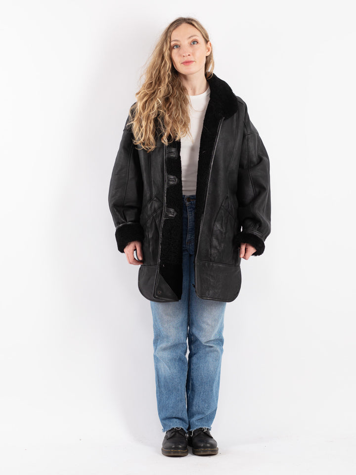 Vintage 80's Women Sheepskin Coat in Black
