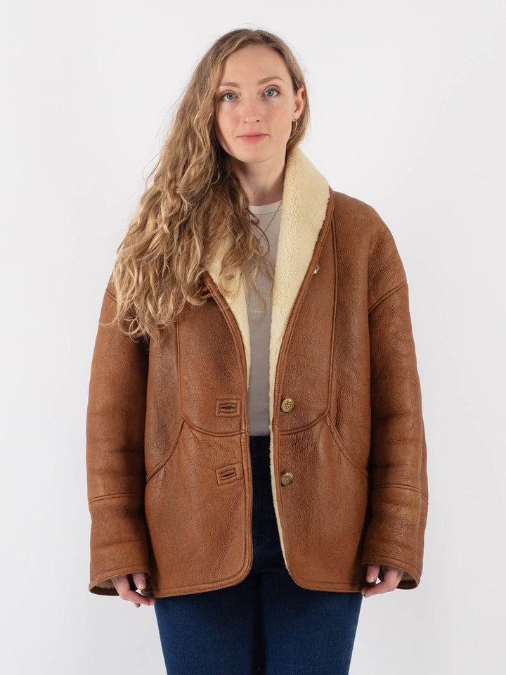 Vintage 80's Women Sheepskin Shearling Coat in Brown - NorthernGrip