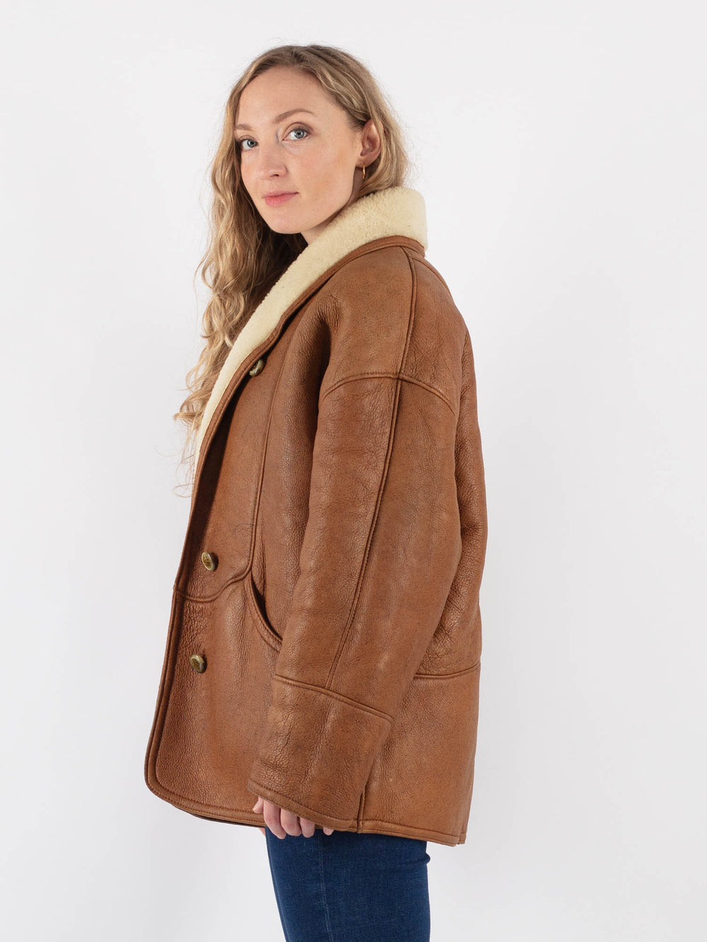 Vintage 80's Women Sheepskin Shearling Coat in Brown - NorthernGrip