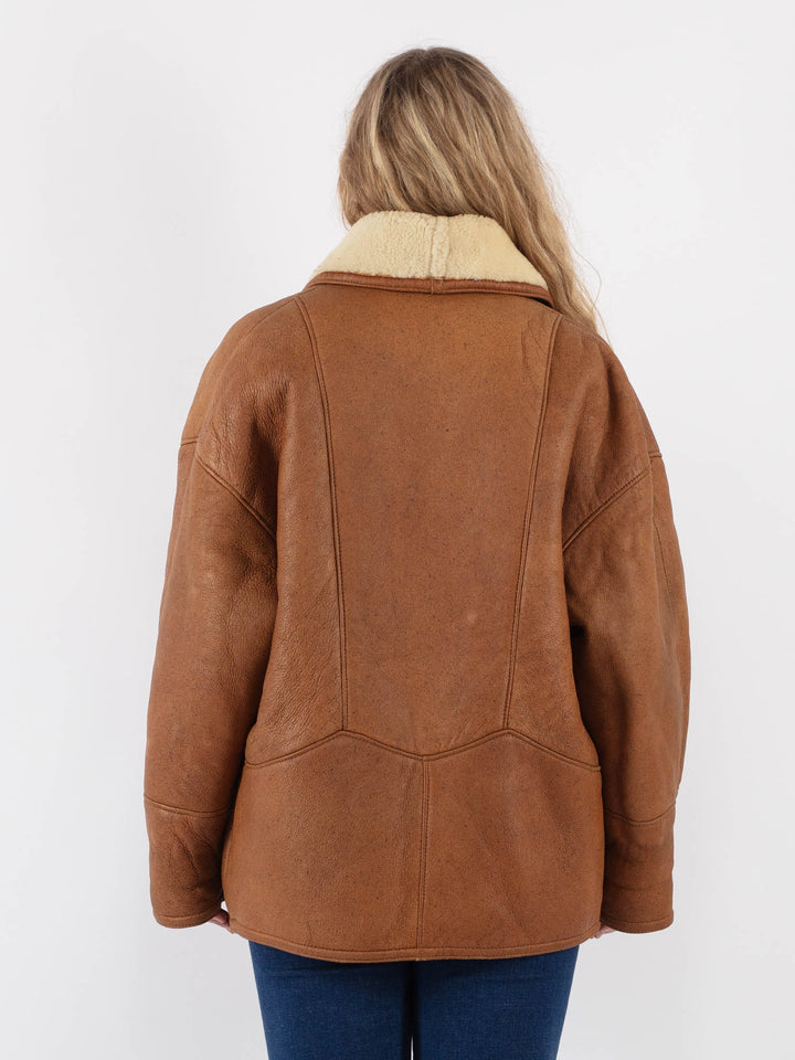 Vintage 80's Women Sheepskin Shearling Coat in Brown - NorthernGrip
