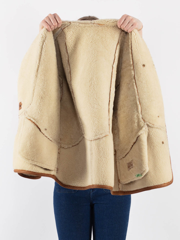 Vintage 80's Women Sheepskin Shearling Coat in Brown - NorthernGrip