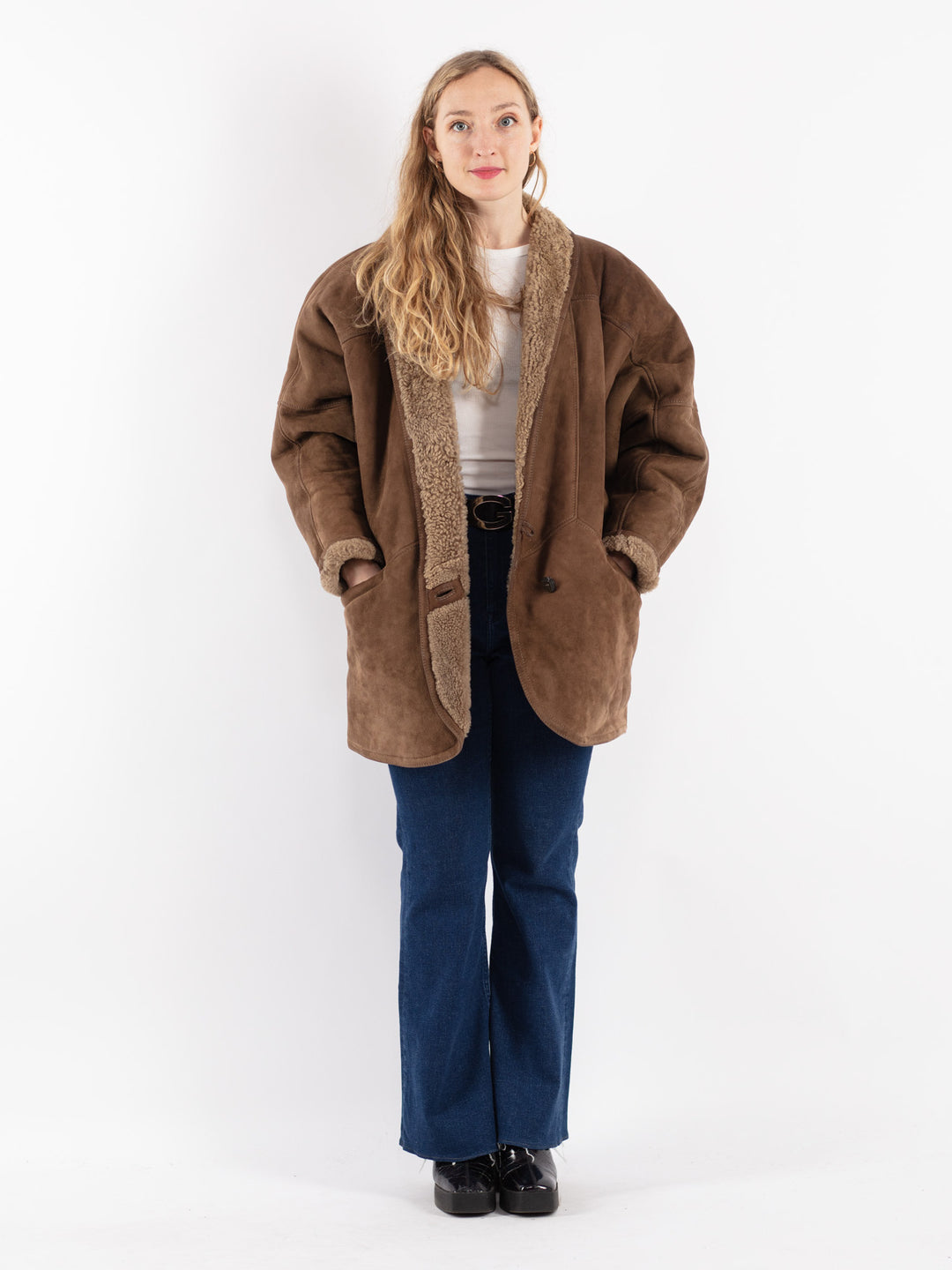 Vintage 80's Women Sheepskin Shearling Coat in Brown