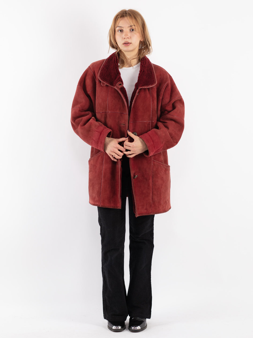 Vintage 80's Women Sheepskin Coat in Red