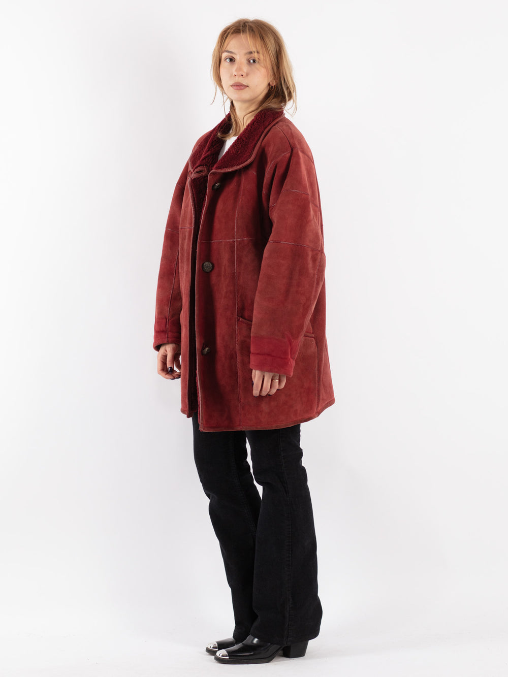Vintage 80's Women Sheepskin Coat in Red
