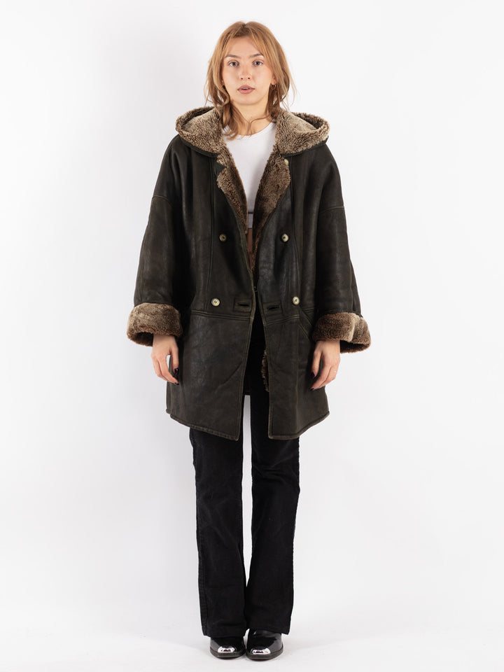 Vintage 80's Women Sheepskin Coat in Black