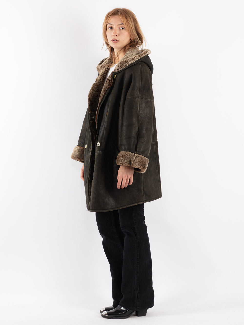 Vintage 80's Women Sheepskin Coat in Black