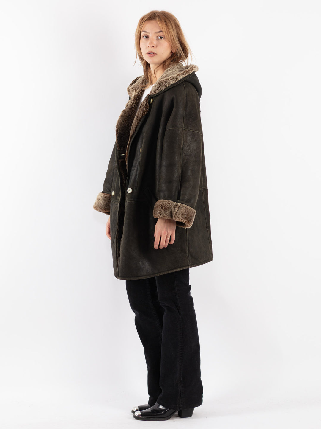 Vintage 80's Women Sheepskin Coat in Black