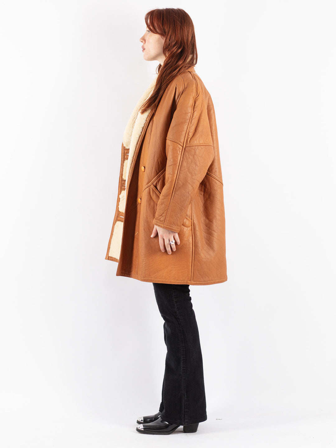 Vintage 80's Women Sheepskin Shearling Coat in Brown