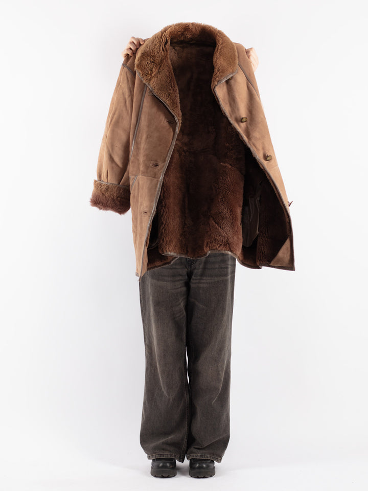 Vintage 80's Women Sheepskin Shearling Coat in Beige