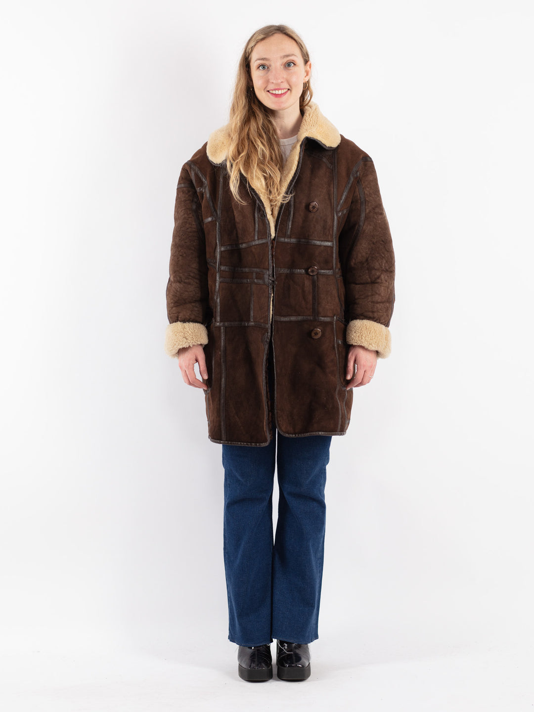 Vintage 80's Women Sheepskin Shearling Coat in Brown