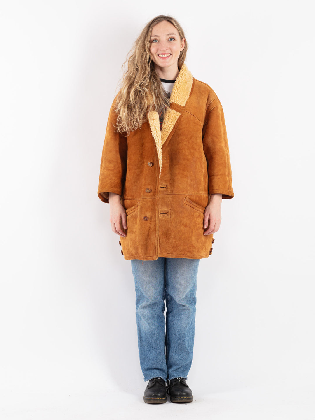 Vintage 80's Women Sheepskin Shearling Coat in Brown