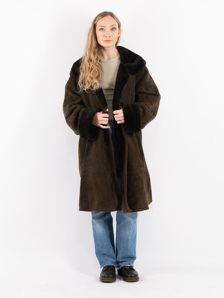 Vintage 80's Women Sheepskin Shearling Coat in Green