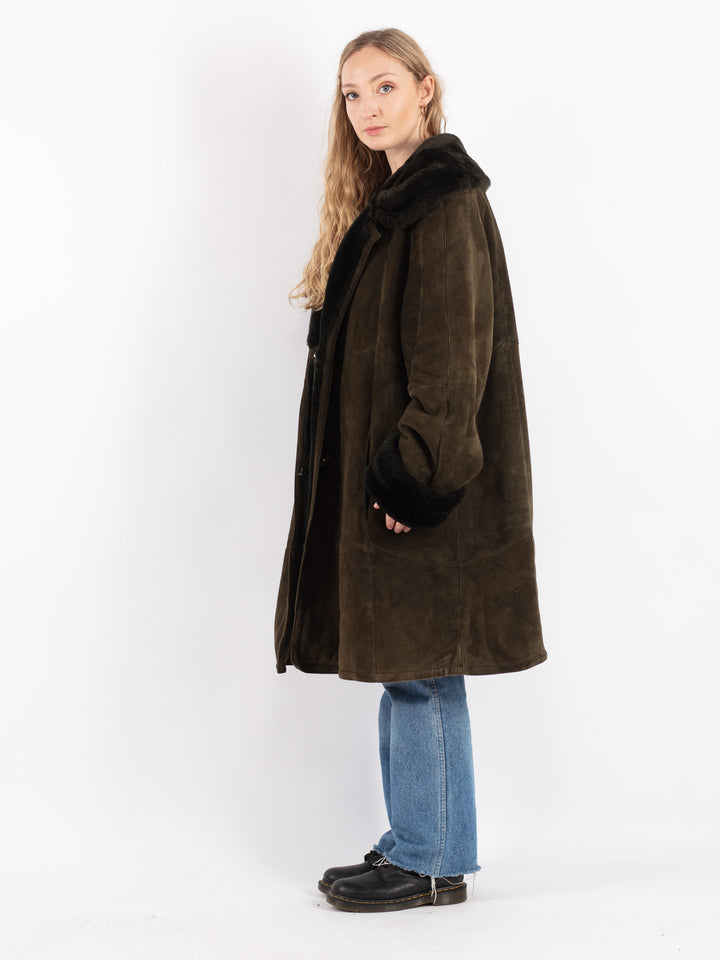 Vintage 80's Women Sheepskin Shearling Coat in Green