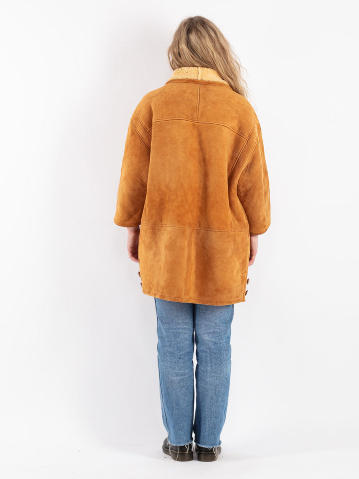 Vintage 80's Women Sheepskin Shearling Coat in Brown