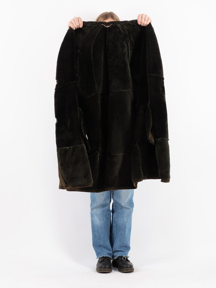 Vintage 80's Women Sheepskin Shearling Coat in Green