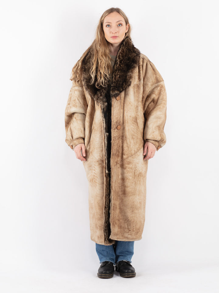 Vintage 80's Women Sheepskin Shearling Coat in Beige