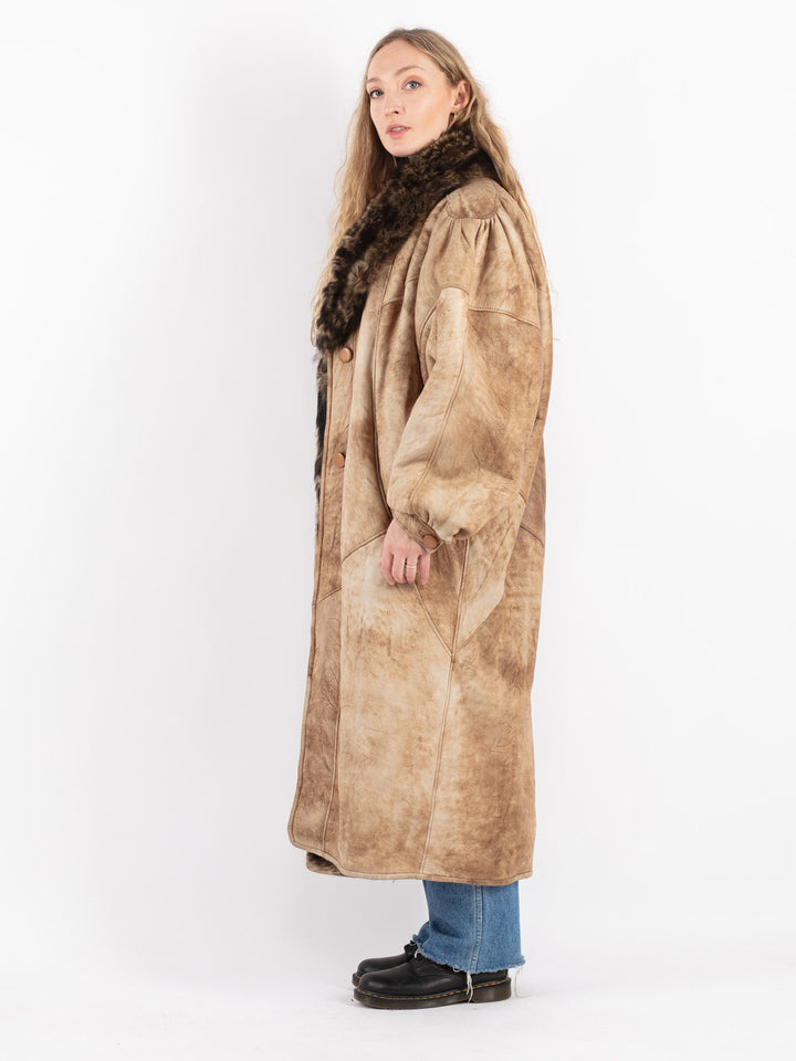 Vintage 80's Women Sheepskin Shearling Coat in Beige