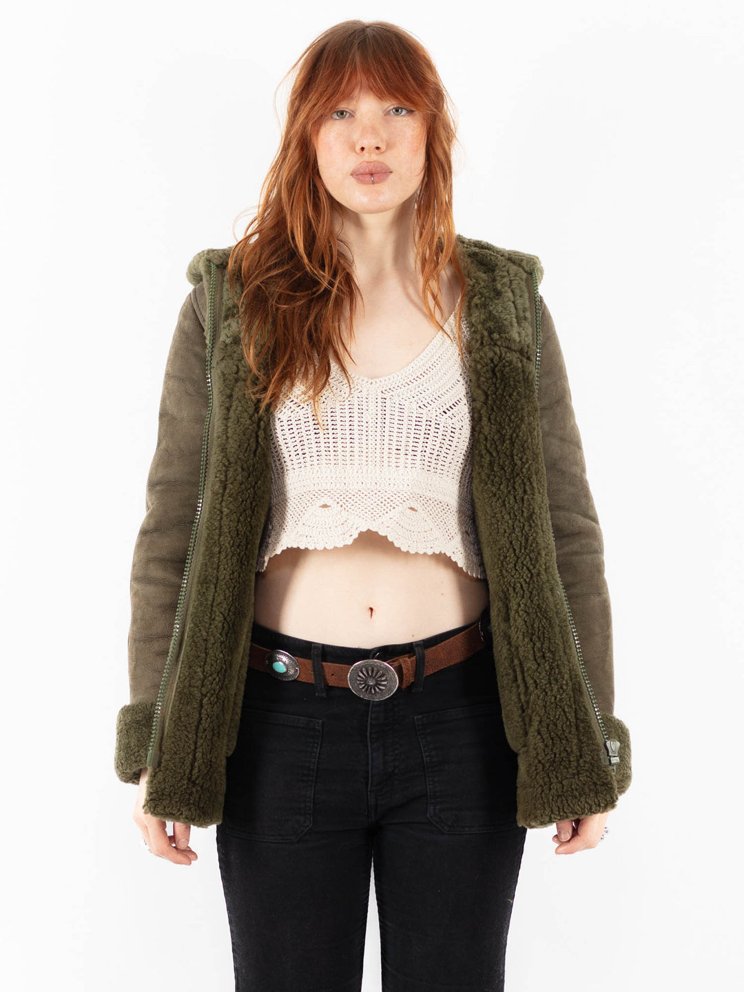 Vintage 80's Women Sheepskin Jacket in GreenV9760
