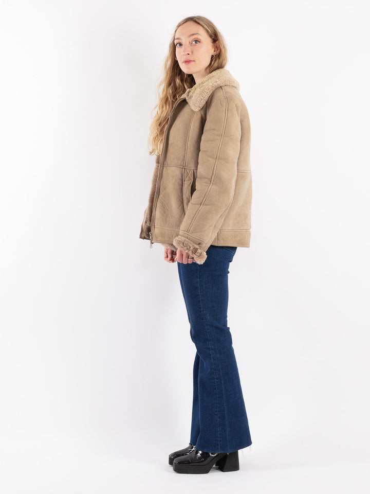 Vintage 80's Women Sheepskin Jacket in Beige