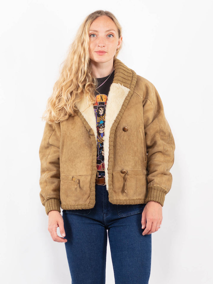 Vintage 80's Women Sheepskin Shearling Jacket in BeigeA0383