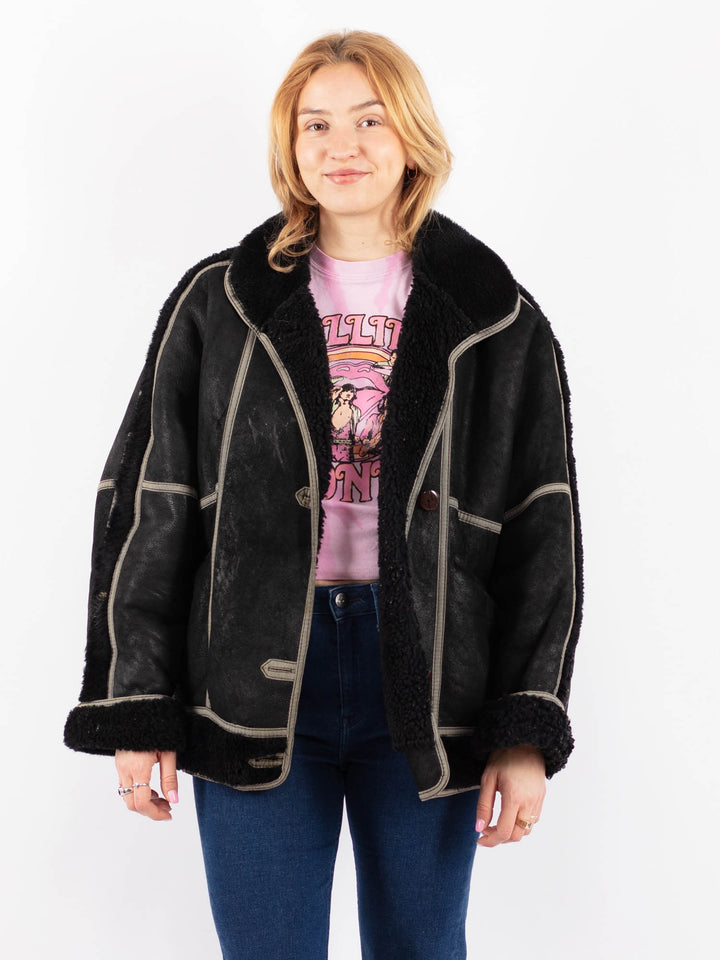 Vintage 80's Women Sheepskin Shearling Jacket in BlackV9565
