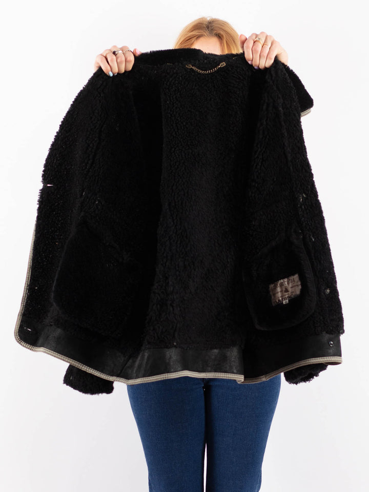 Vintage 80's Women Sheepskin Shearling Jacket in BlackV9565
