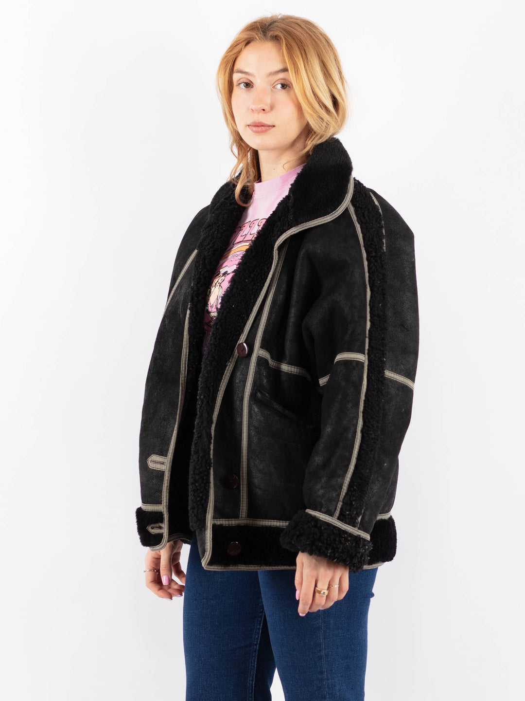 Vintage 80's Women Sheepskin Shearling Jacket in BlackV9565