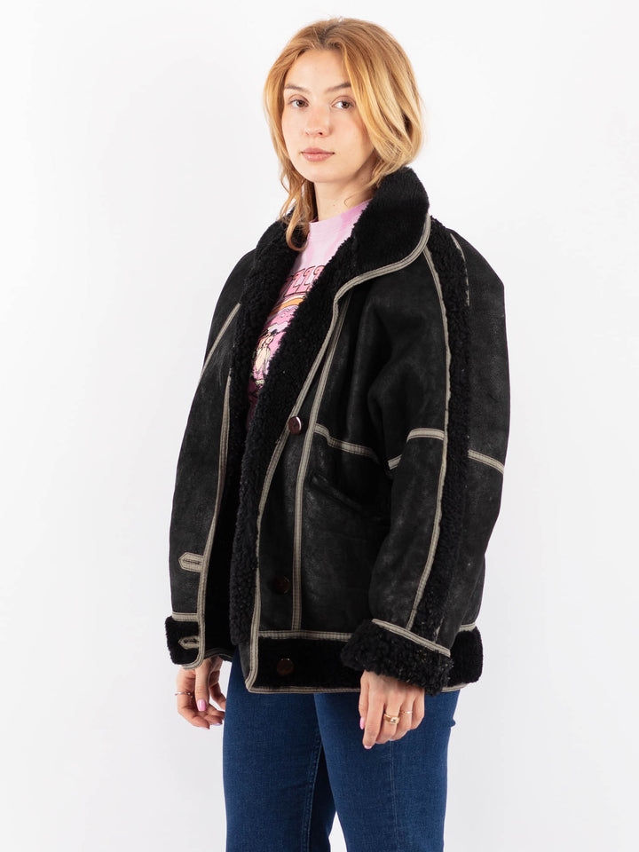 Vintage 80's Women Sheepskin Shearling Jacket in BlackV9565
