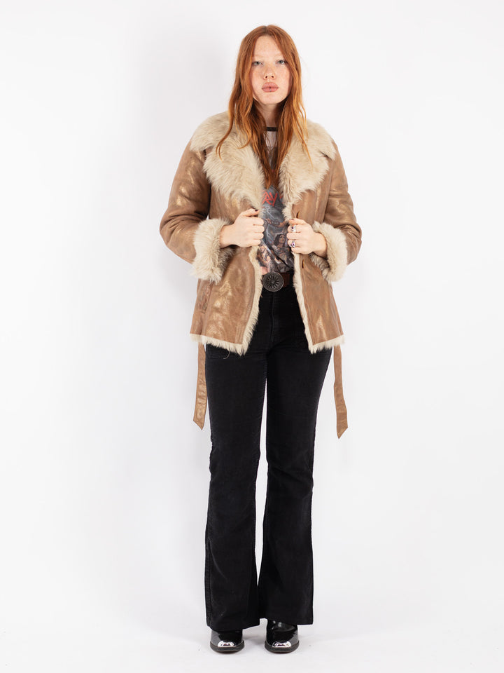 Vintage 80's Women Sheepskin Shearling Jacket in Beige
