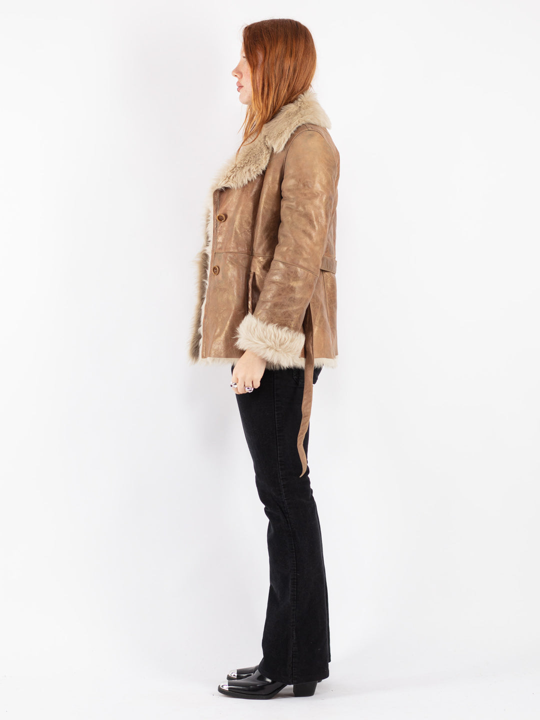 Vintage 80's Women Sheepskin Shearling Jacket in Beige