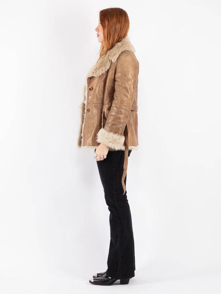 Vintage 80's Women Sheepskin Shearling Jacket in Beige