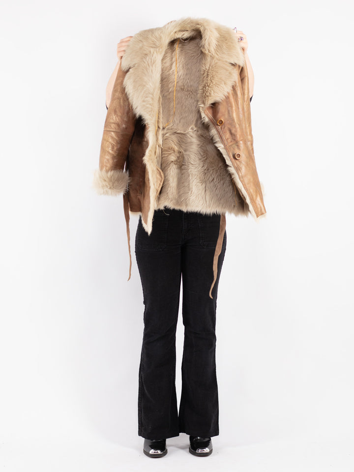Vintage 80's Women Sheepskin Shearling Jacket in Beige