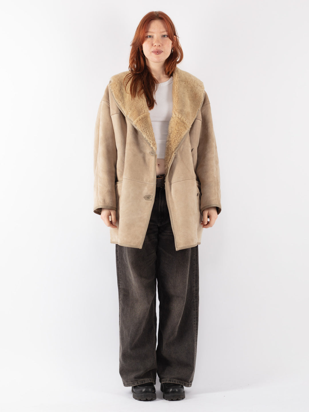 Vintage 80's Women Sheepskin Coat in Beige