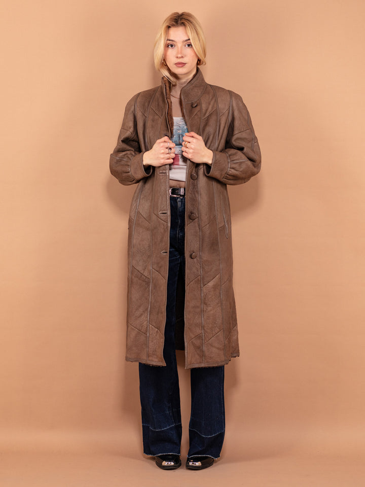 Sheepskin Leather Coat 80s, Size Medium Shearling Coat, Western Style Sheepskin Leather Overcoat, Vintage Outerwear, Sustainable Clothing