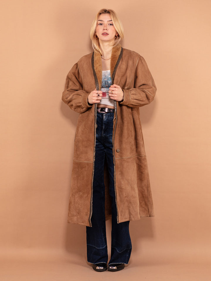 Sheepskin Long Coat, Size M Shearling Coat, Massive Sheepskin Overcoat, Oversized Sheepskin Coat, Penny Lane, Retro Leather Suede Coat