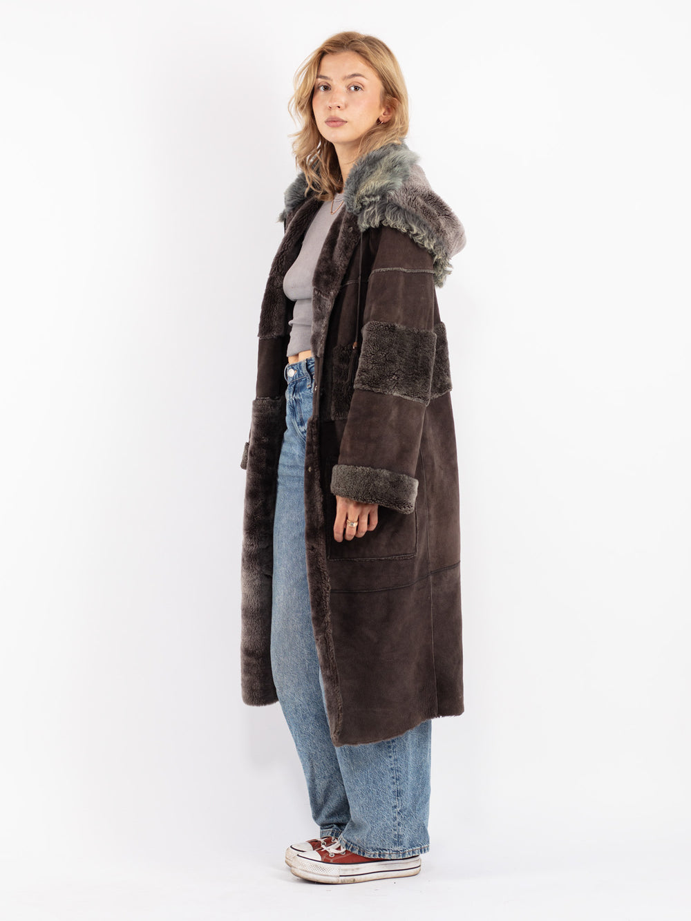 Vintage 80's Women Sheepskin Coat in Gray