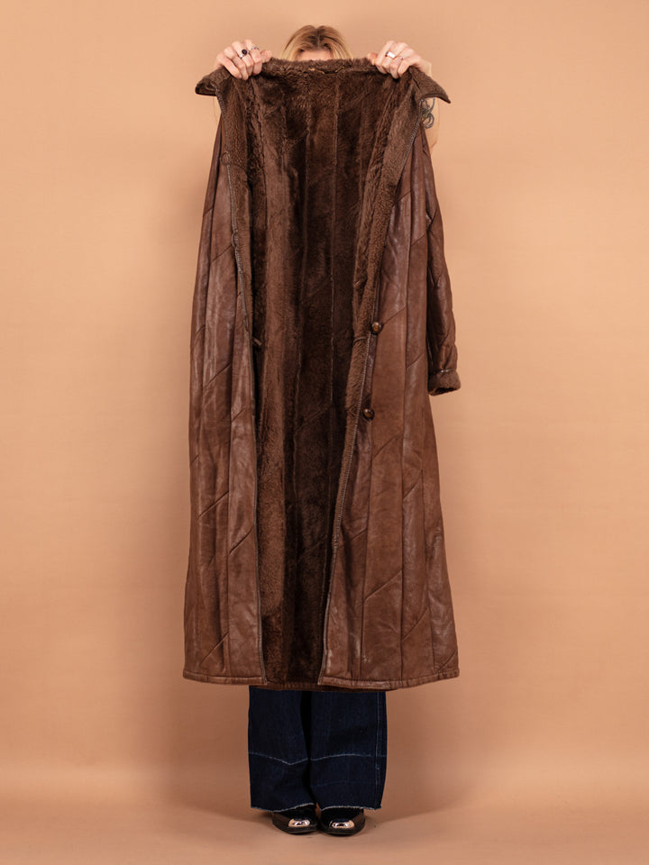 Sheepskin Maxi Coat 80's, Size M Shearling Leather Coat, Brown Sheepskin Coat, Retro Leather Coat, Penny Lane, Winter Outerwear, Timeless