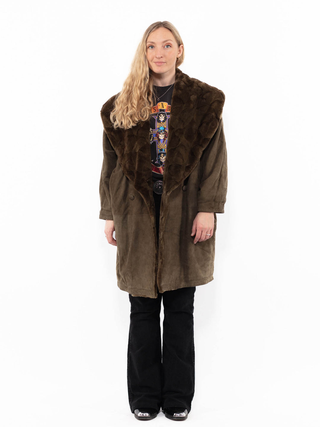 Vintage 80's Women Suede Sherpa Coat in GreenA0958