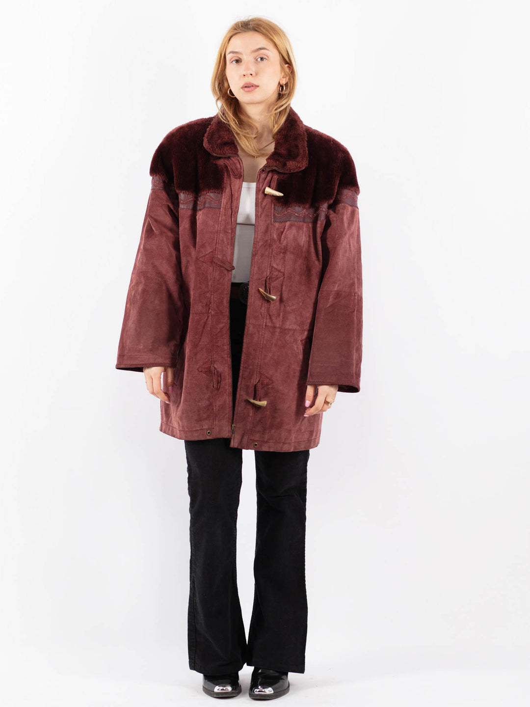 Vintage 80's Women Suede Sherpa Coat in RedV9710