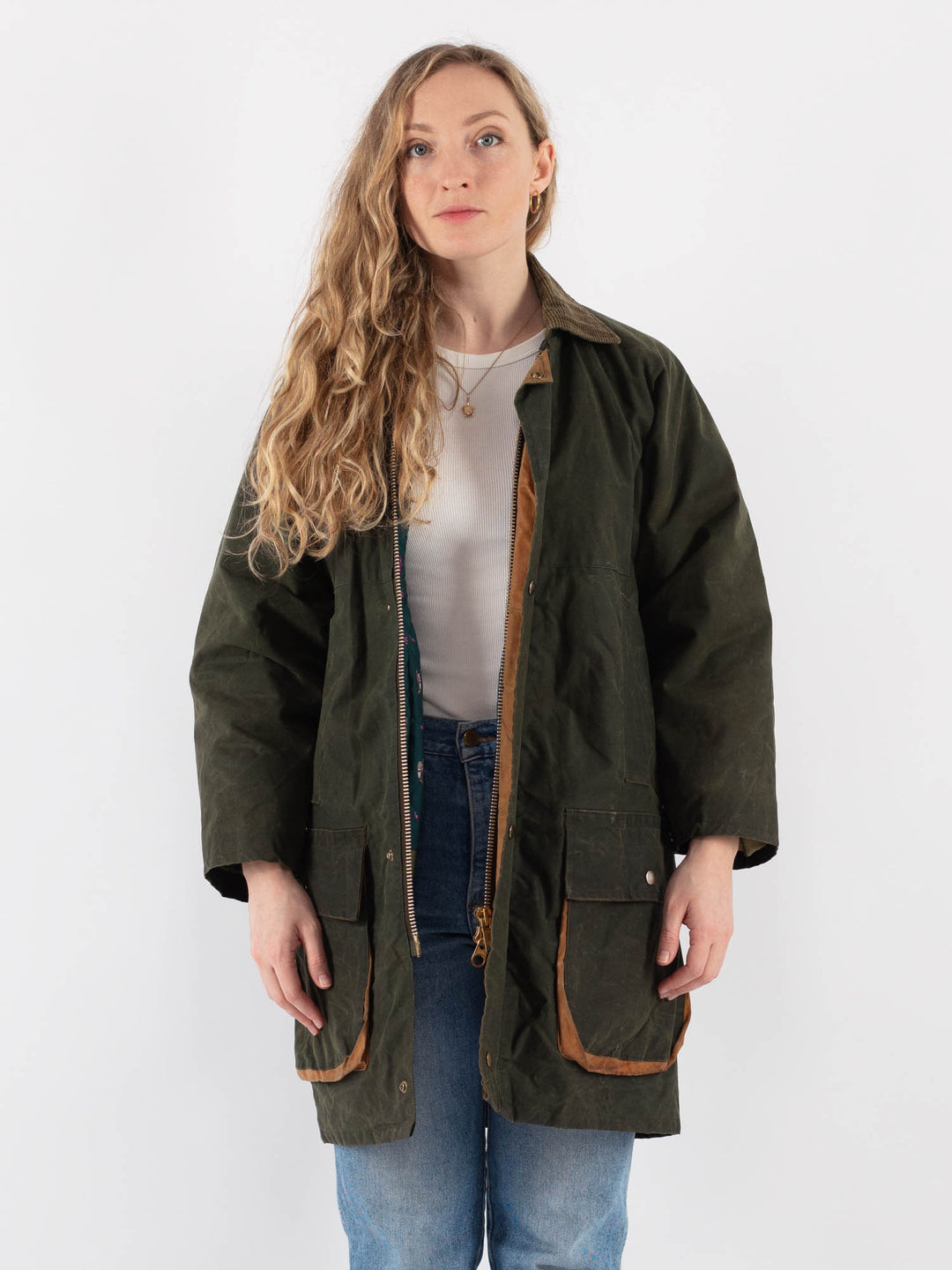 Vintage 80's Women Waxed Cotton Coat in Green V9402