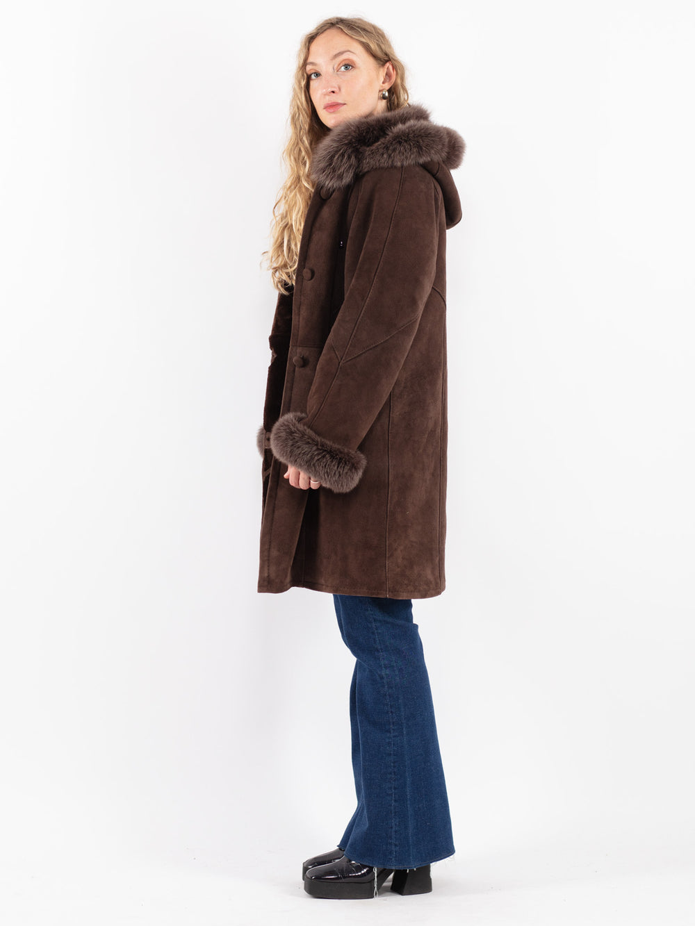 Vintage 90's Women Sheepskin Coat in Brown