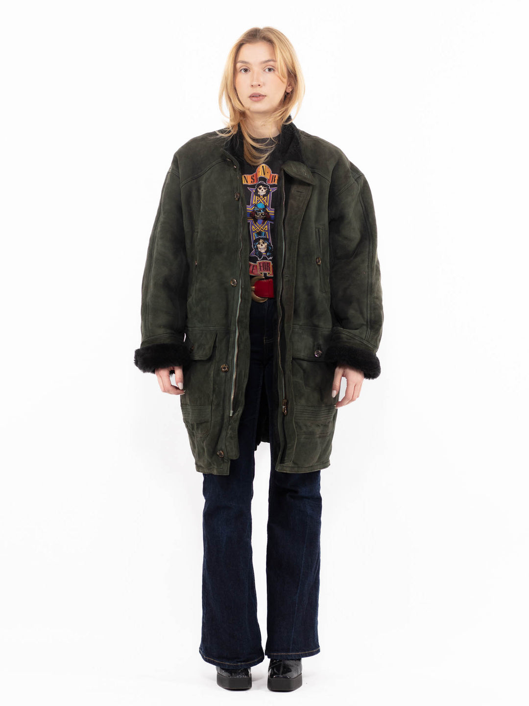 Vintage 90's Women Sheepskin Coat in GreenA1126