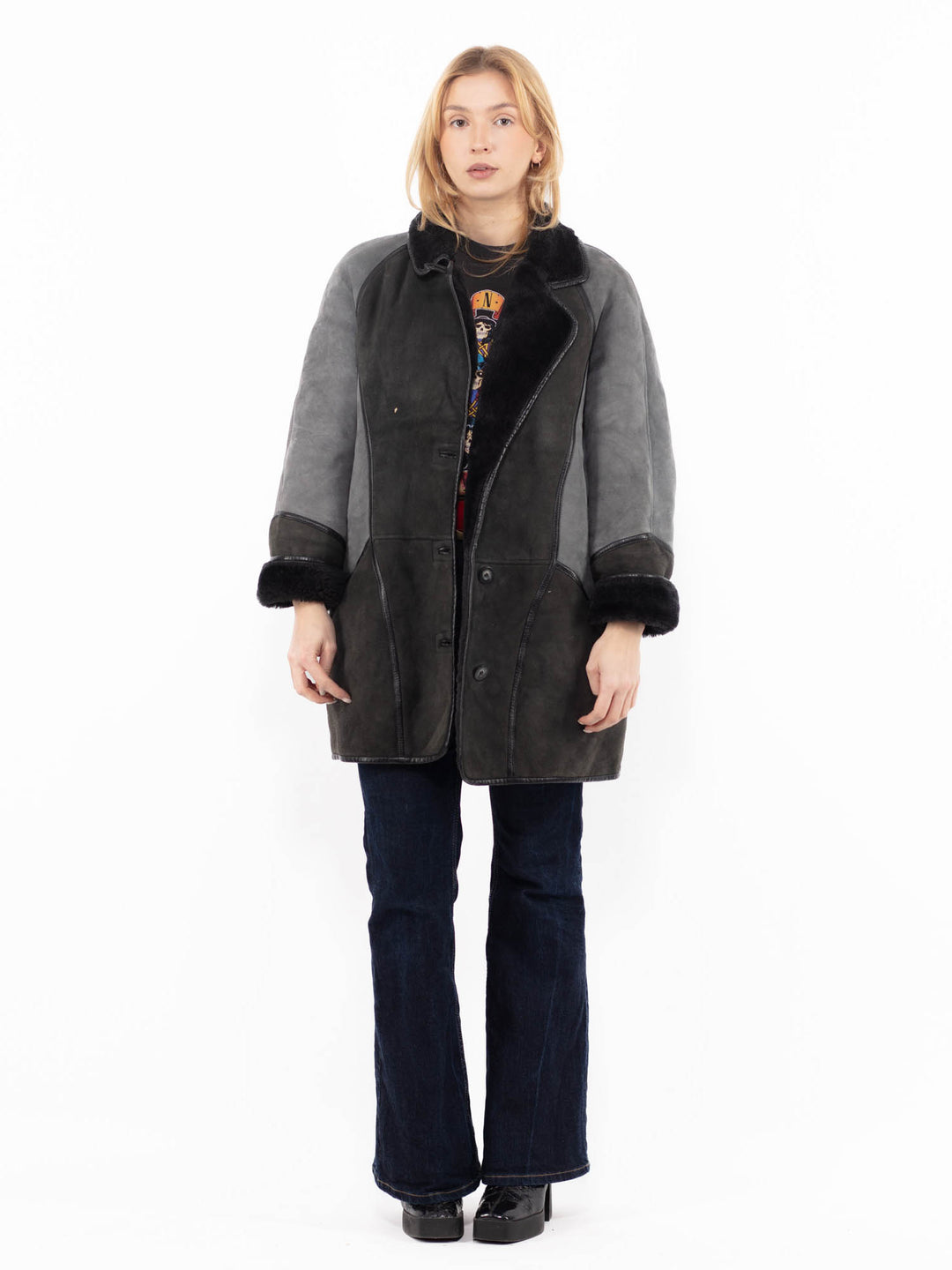 Vintage 90's Women Sheepskin Coat in GrayA1146